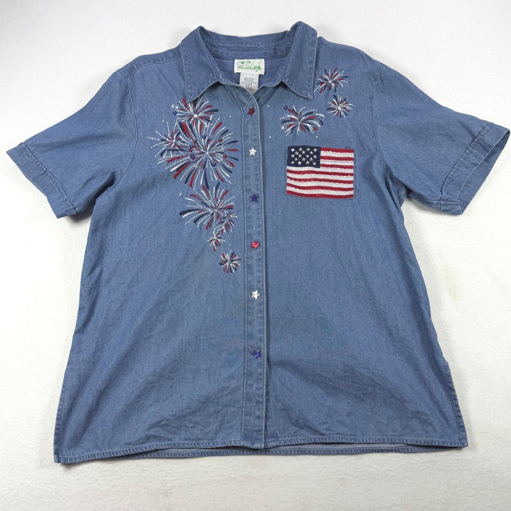 Quacker Factory Denim Shirt Womens Large Blue Patriotic Fireworks Flag A45469